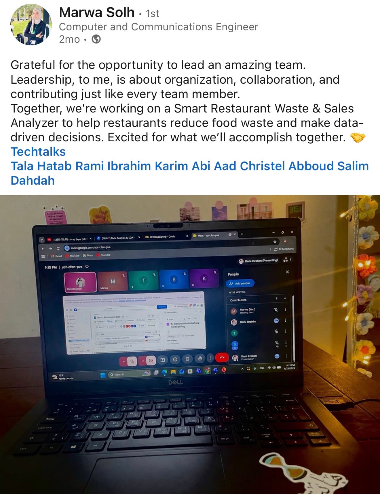 Marwa Solh shares her team collaborating on a Smart Restaurant Waste and Sales Analyzer at TechTalks.