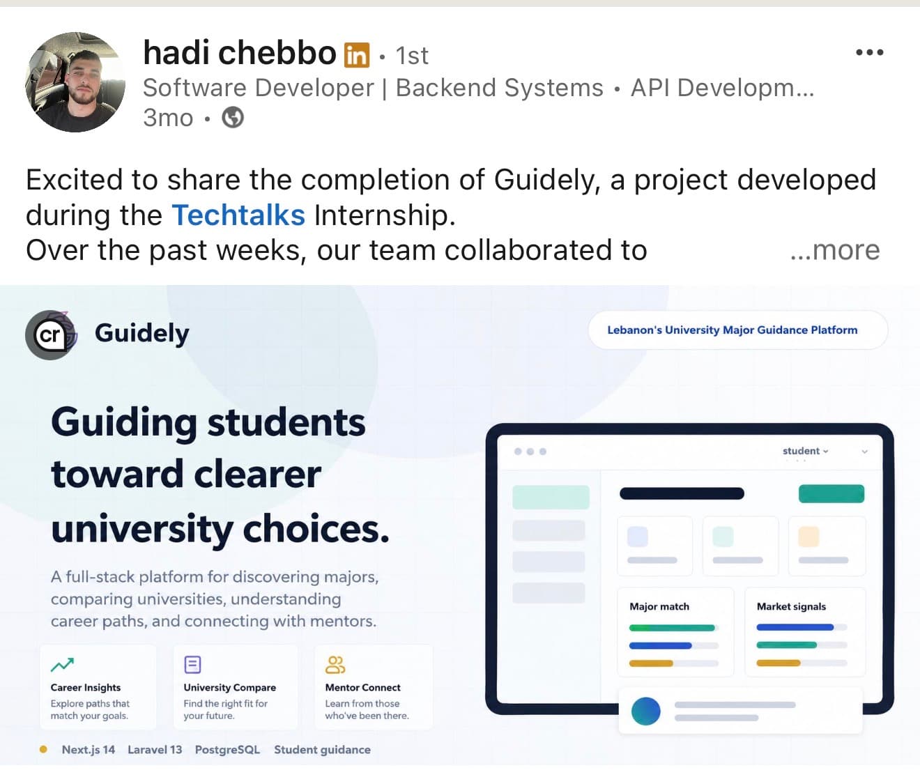 Hadi Chebbo shares the completion of Guidely during the TechTalks internship.