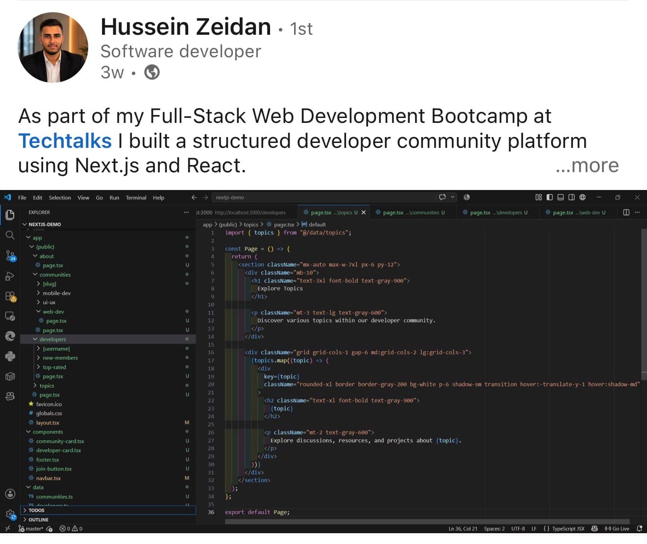 Hussein Zeidan shares a Next.js and React developer community platform built during the TechTalks bootcamp.